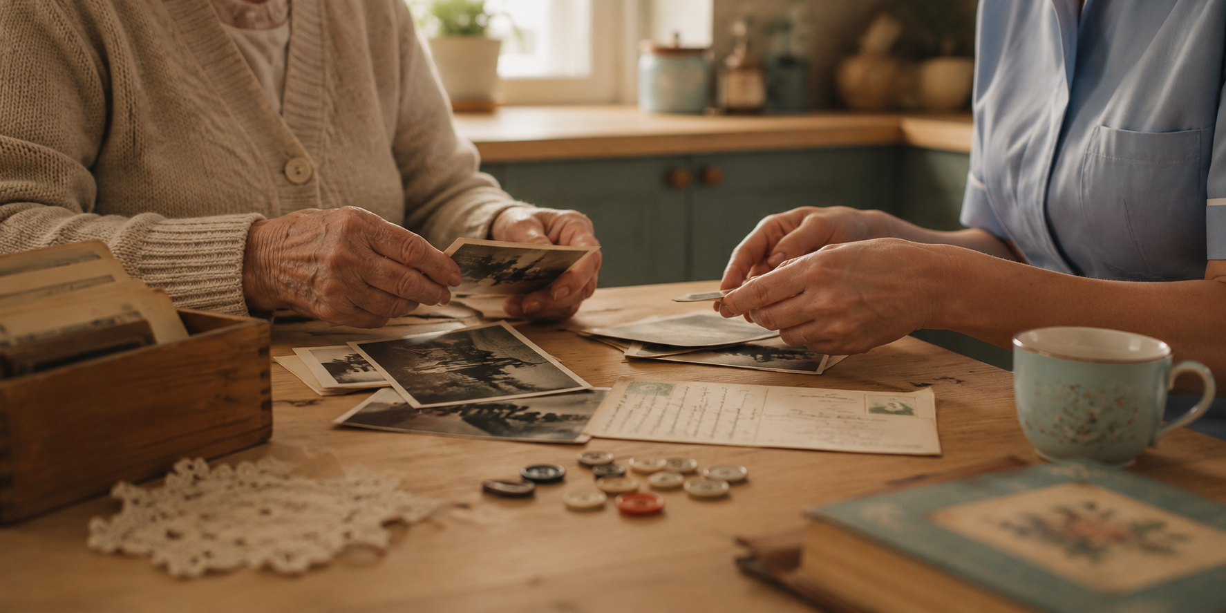 A carer and an older person sitting together at a table doing an activity