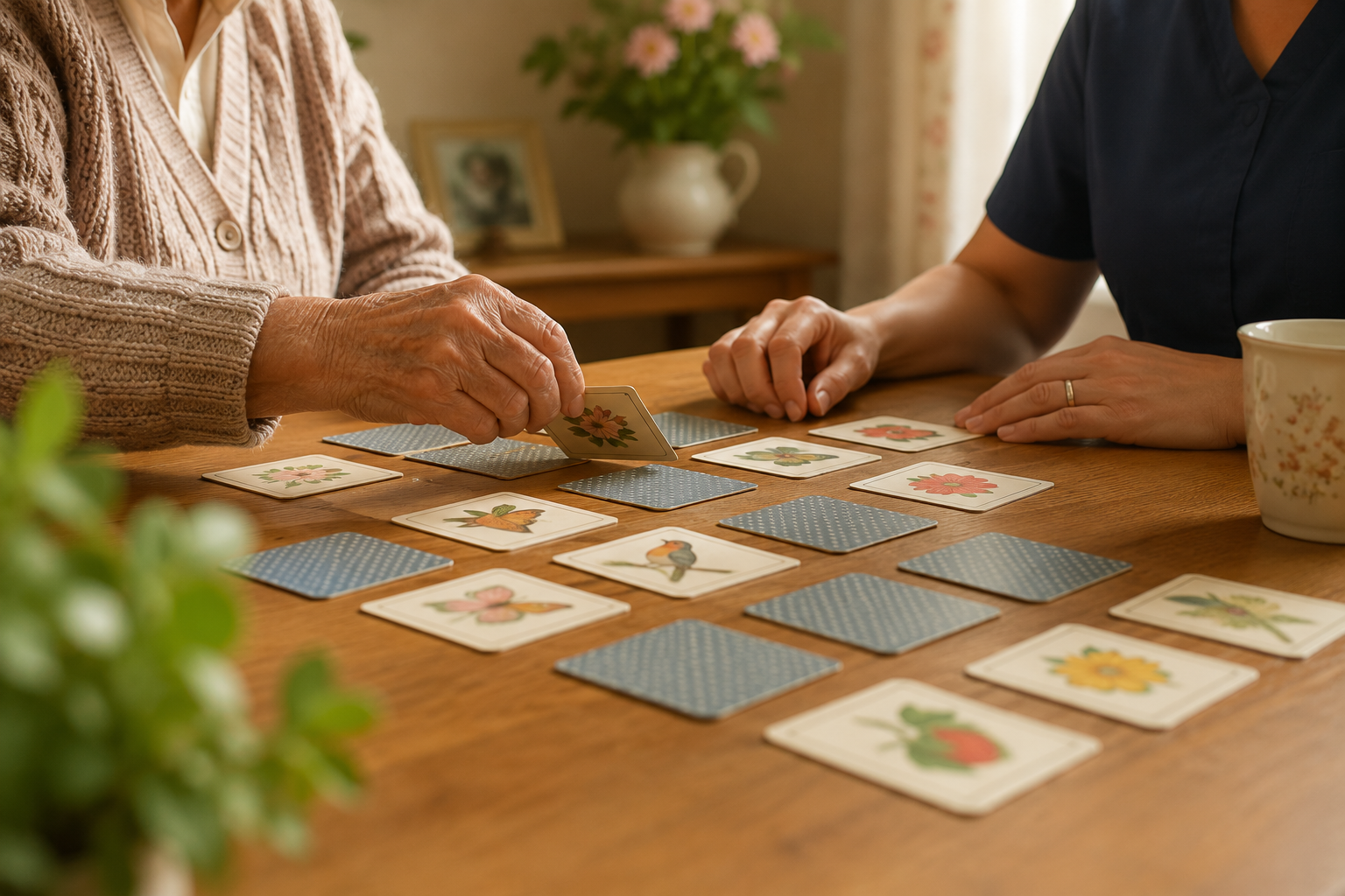 A carer and an older person playing a simple matching game together at a table