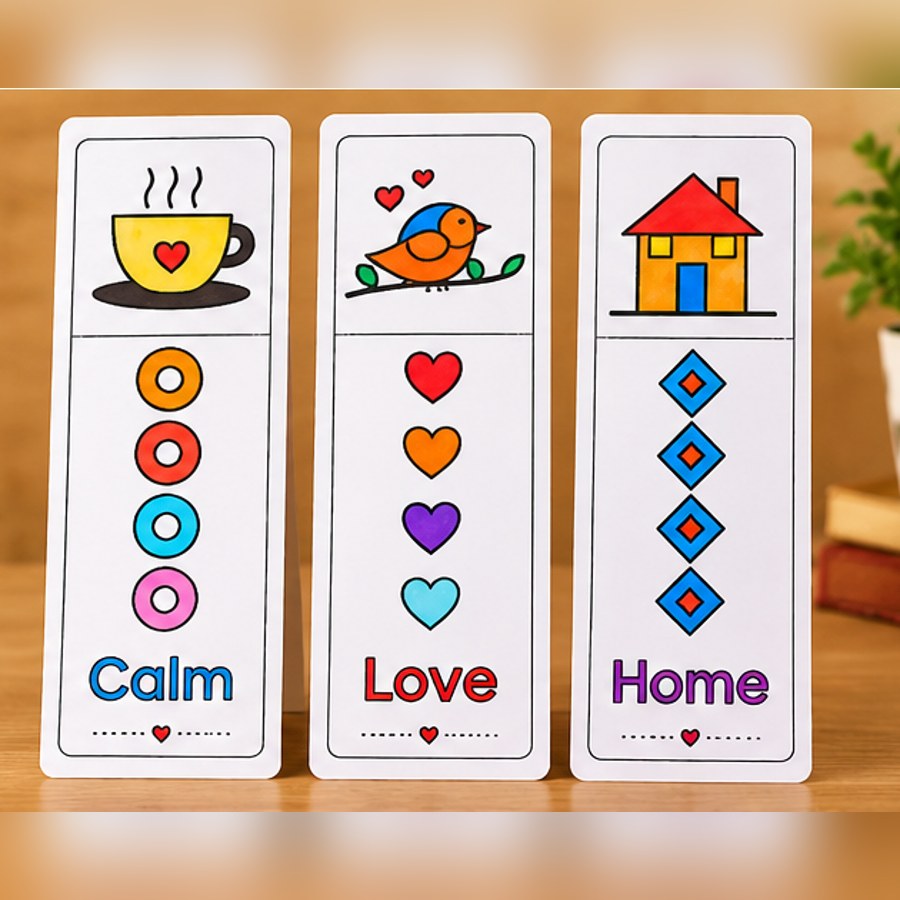 A set of three coloured bookmarks reading Calm, Love and Home