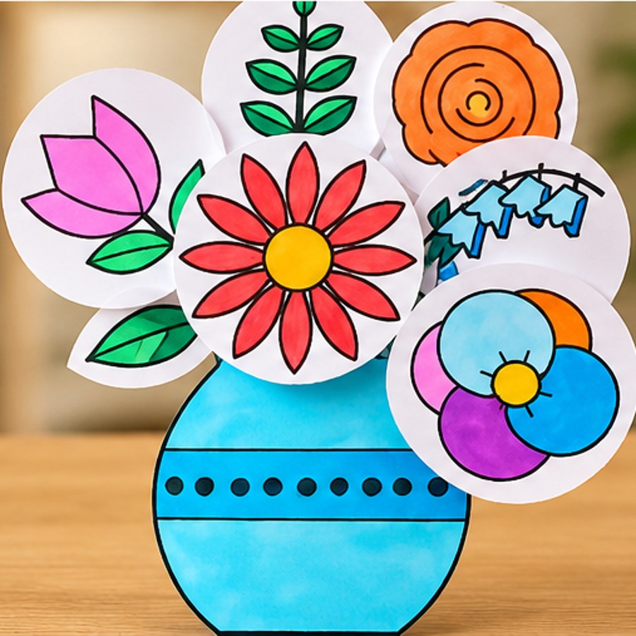 Hand-coloured paper flowers arranged in a decorated vase