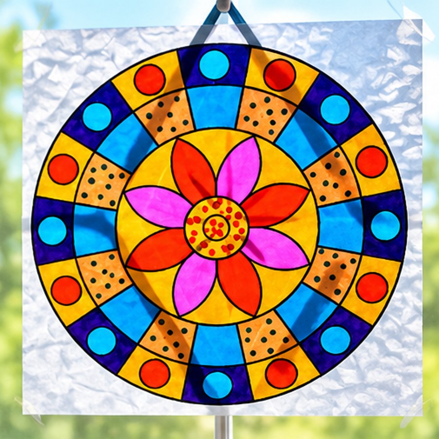 A coloured stained-glass suncatcher glowing in a frosted window