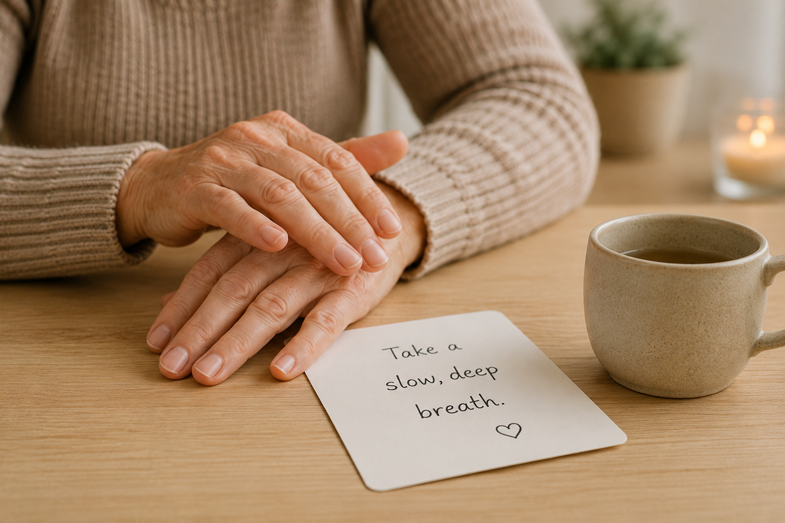 Hands resting calmly on a table beside a note reading 'Take a slow, deep breath'