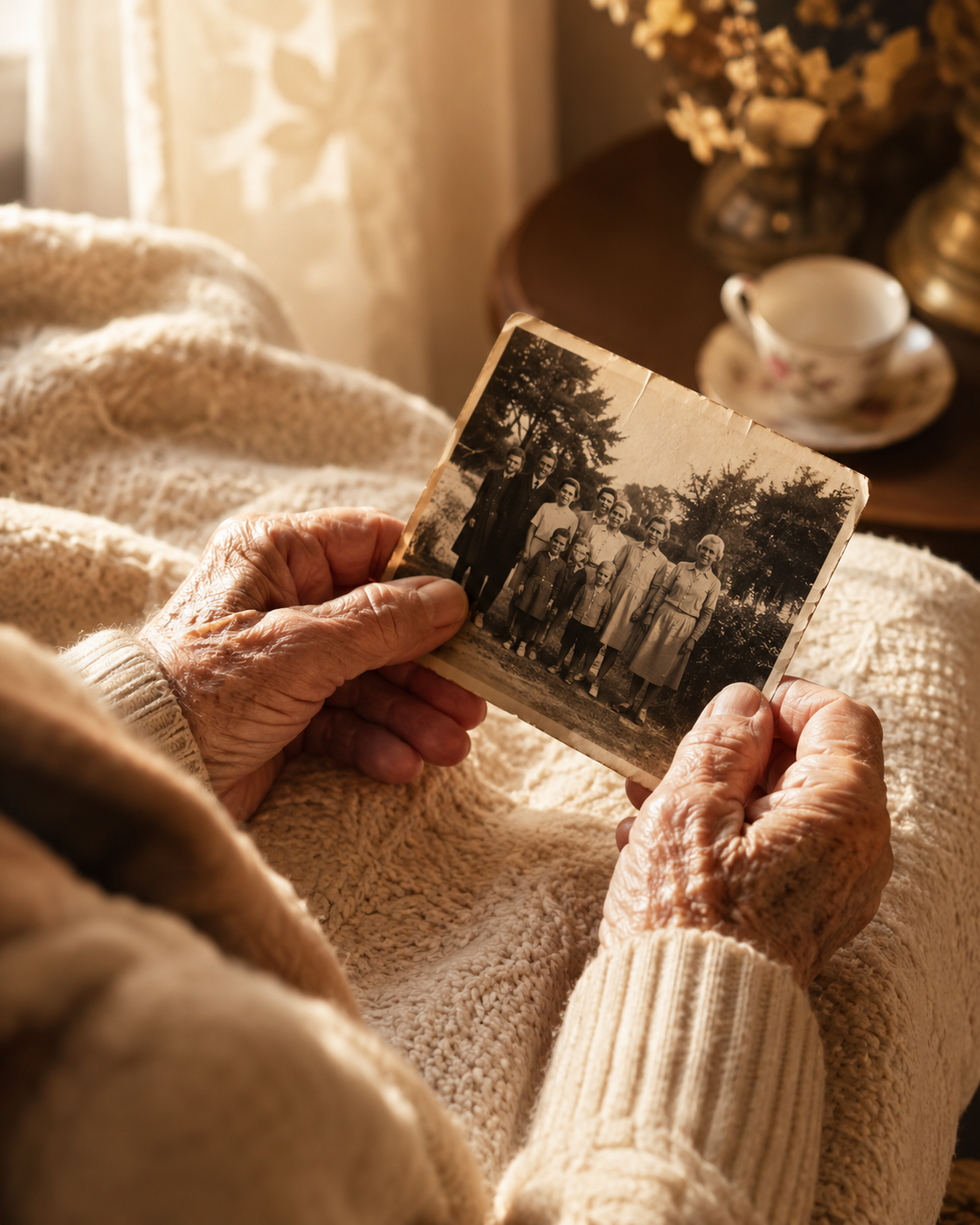 An elderly hand gently holding an old family photograph