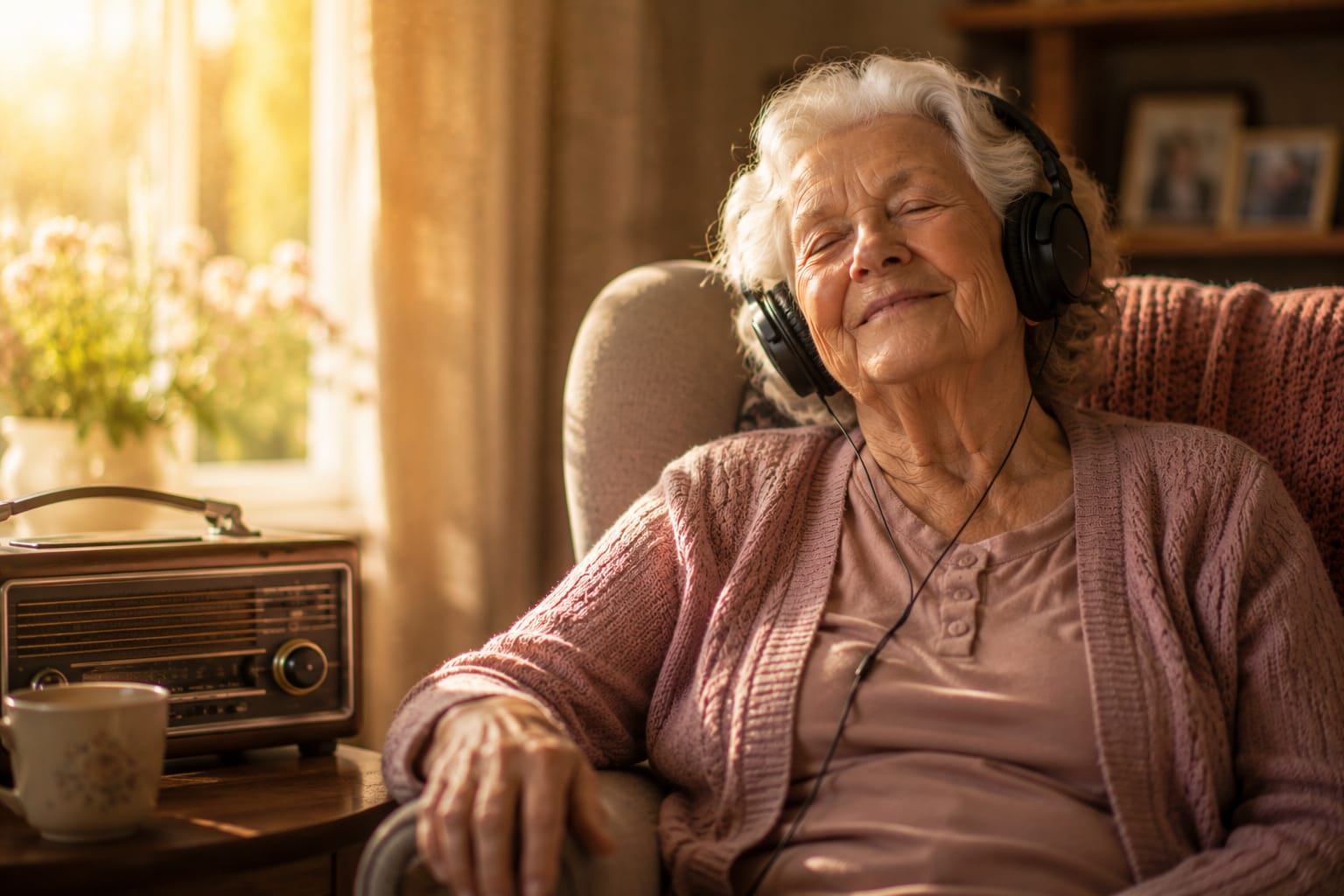An elderly woman smiling with her eyes closed, wearing headphones, beside a vintage radio