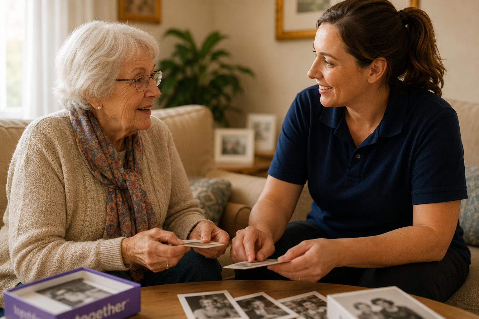 A carer and client smiling together over old family photographs