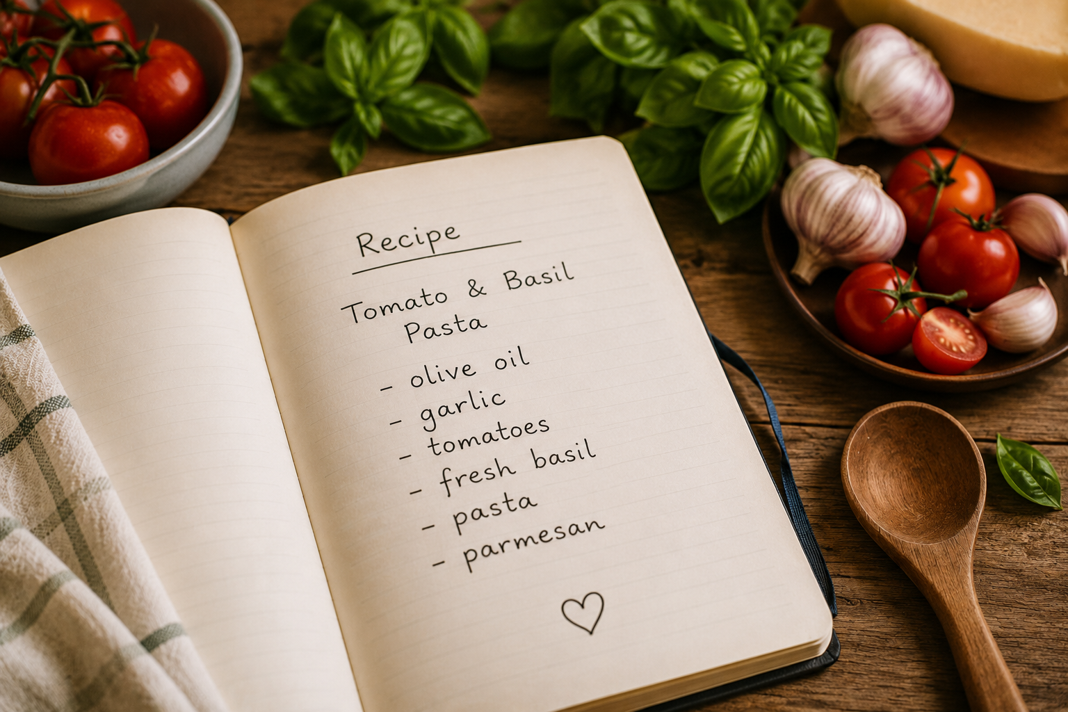 A handwritten tomato and basil pasta recipe surrounded by fresh ingredients