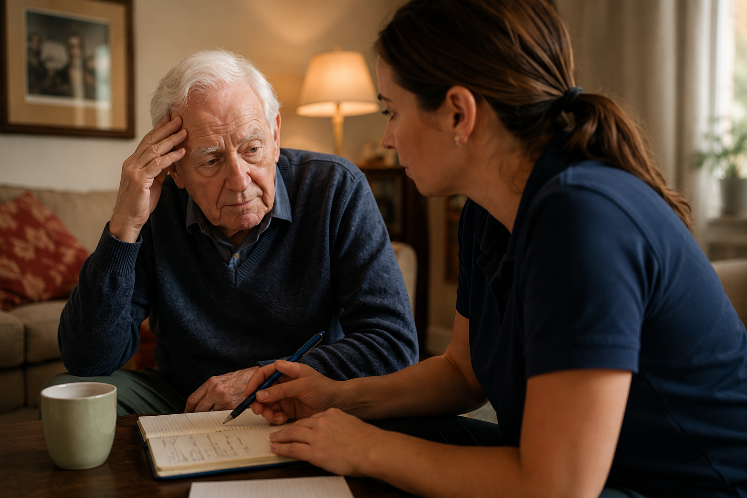 A carer sitting close with an elderly client, offering focused support