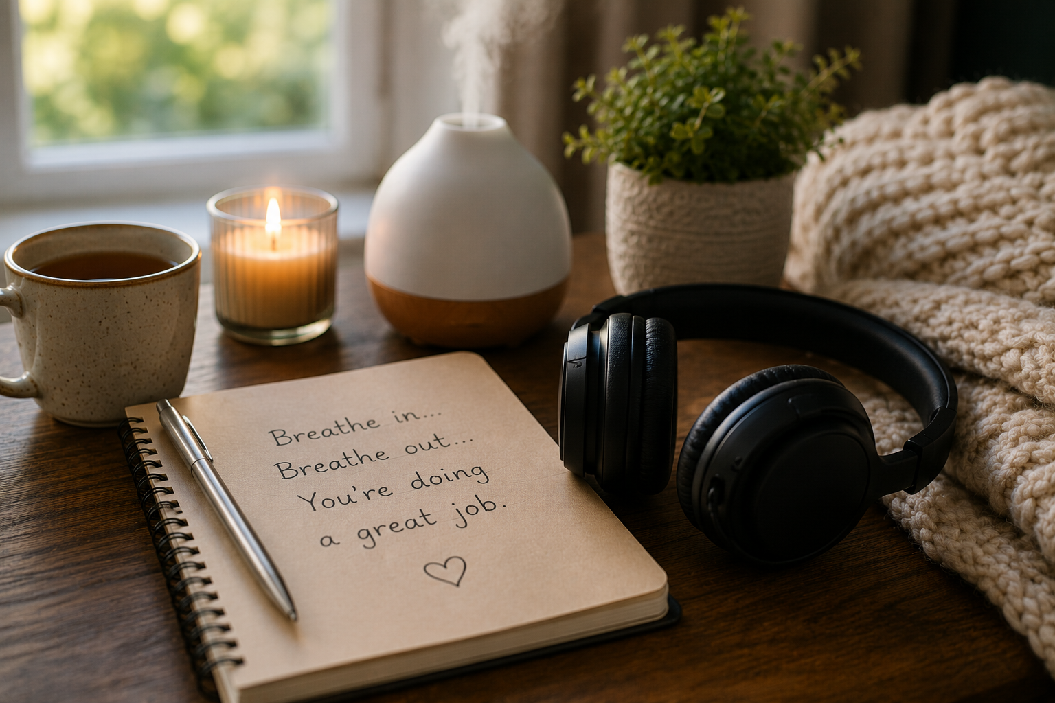 Headphones, a cosy blanket, and a notebook reading 'Breathe in, breathe out, you're doing a great job'