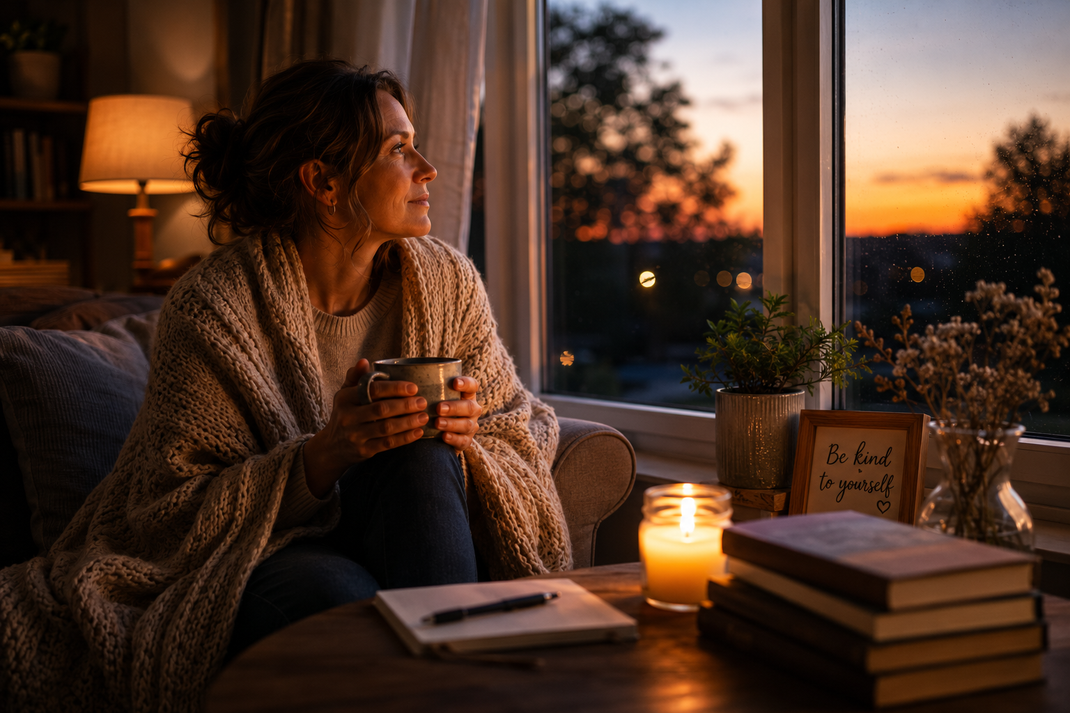 Soft evening light through a window, a calm and quiet room