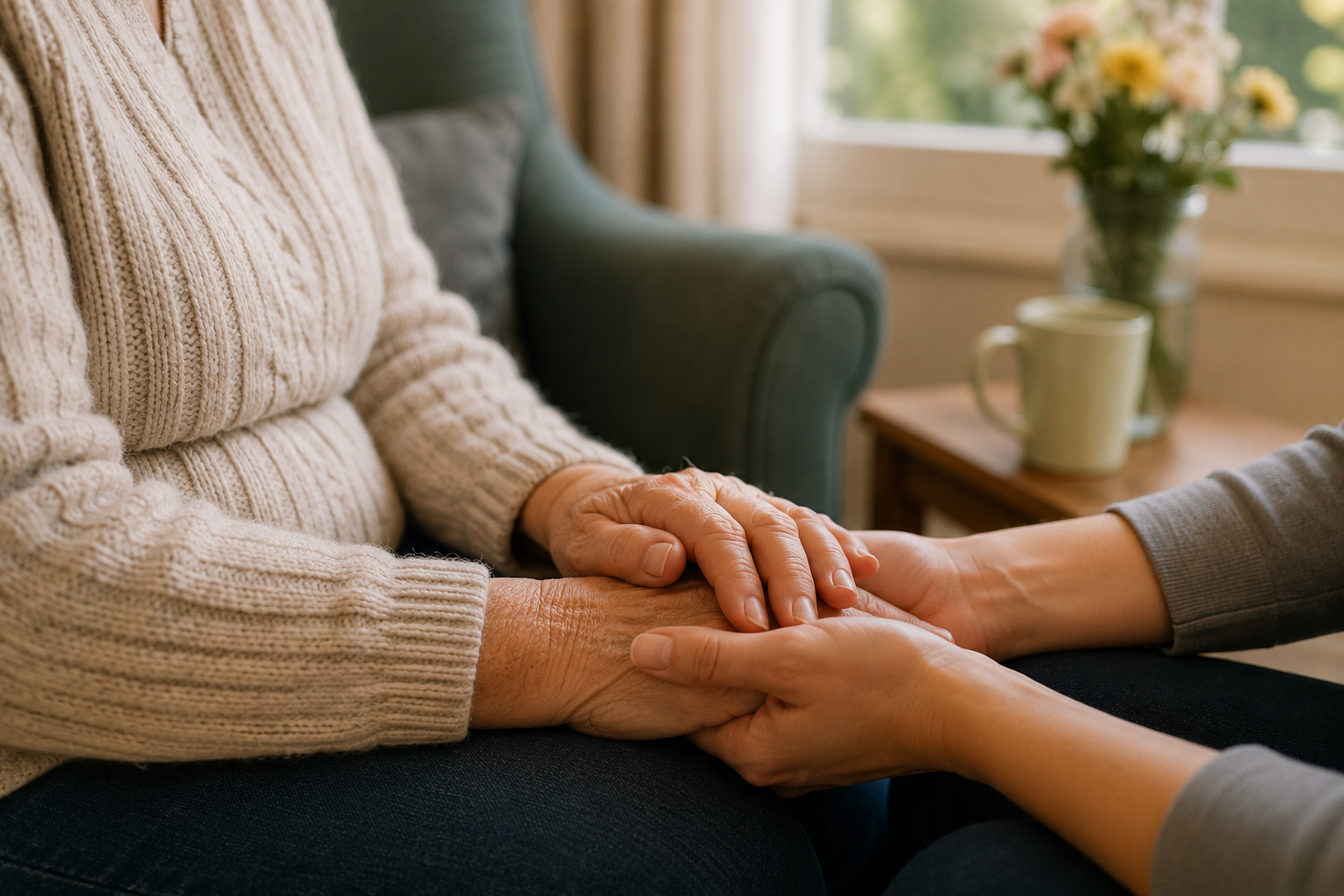 A carer and client holding hands warmly together